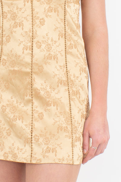 90s / Y2K Gold Satin Mini Dress with Floral Print - Size M